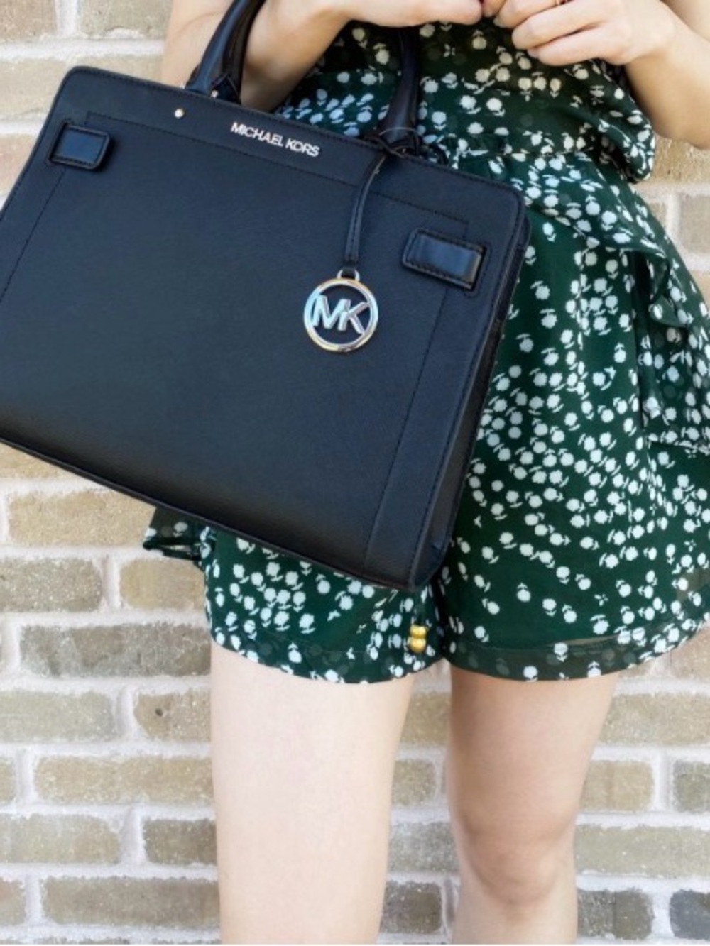 Michael Kors Black Structured Leather Satchel with MK Charm